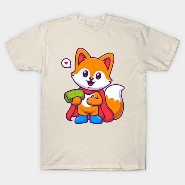 Cute Fox Super Hero Holding Money Cartoon T-Shirt by Catalyst Labs